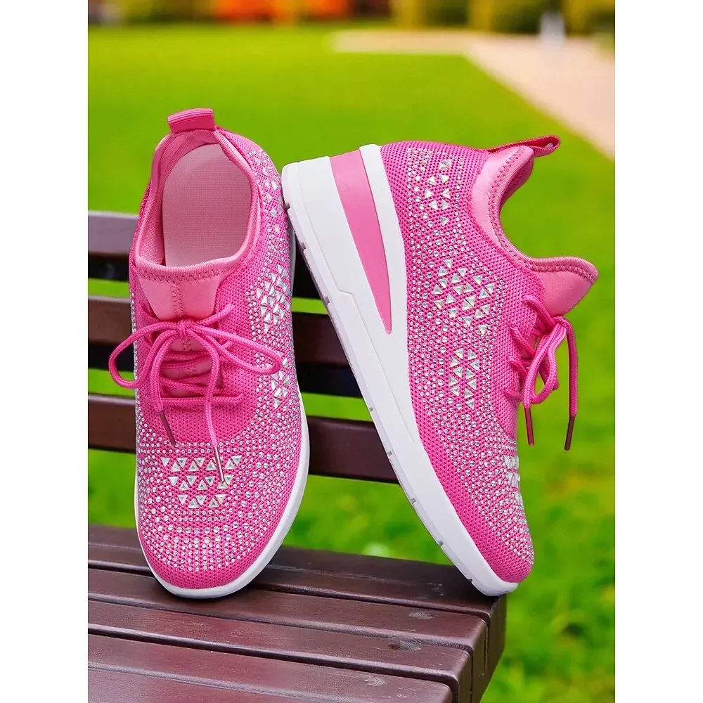 Women's Rose Pink Flyknit Wedge Sneakers with Rhinestone Detailing - Image 4