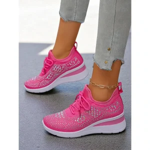 Women's Rose Pink Flyknit Wedge Sneakers with Rhinestone Detailing