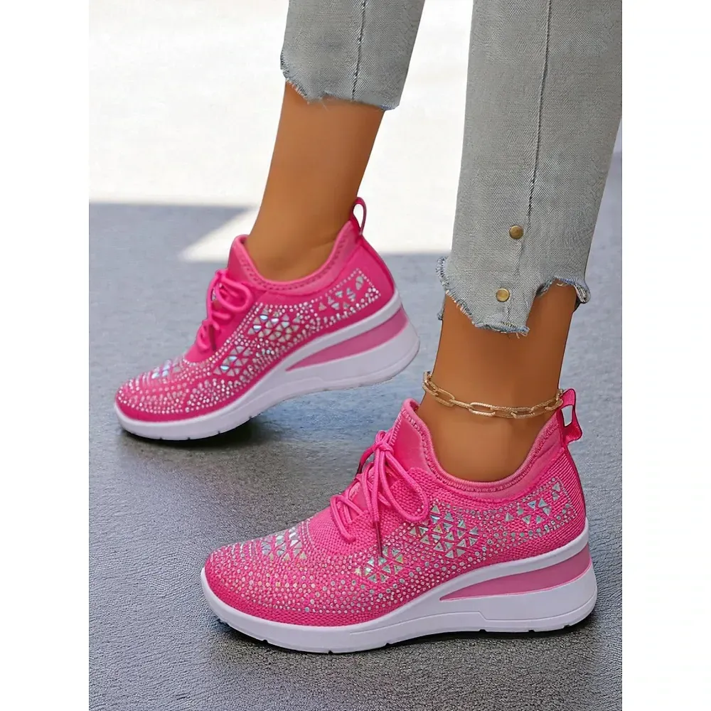 Women's Rose Pink Flyknit Wedge Sneakers with Rhinestone Detailing