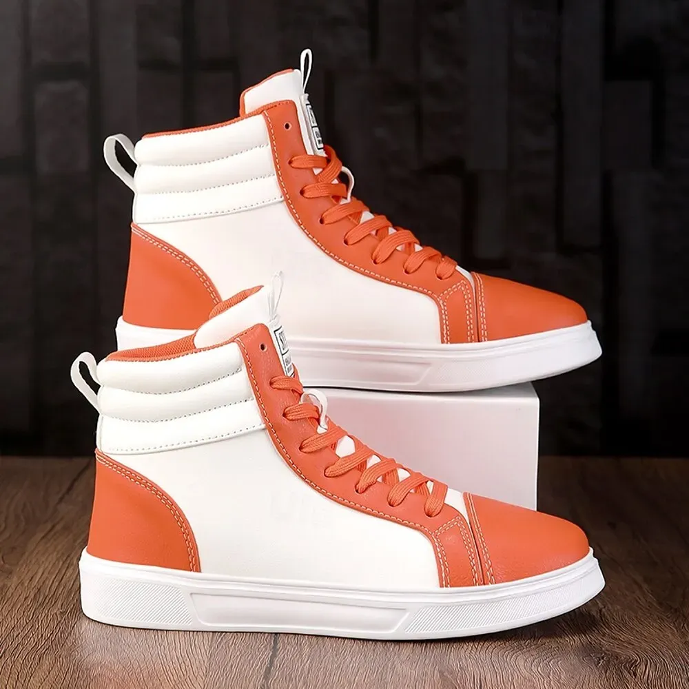 Men's Orange and White High-Top Sneakers, Retro Style - Image 2