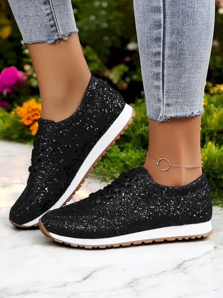Women's Gold Glitter Lace-Up Sneakers with Comfortable Sole, - Image 5