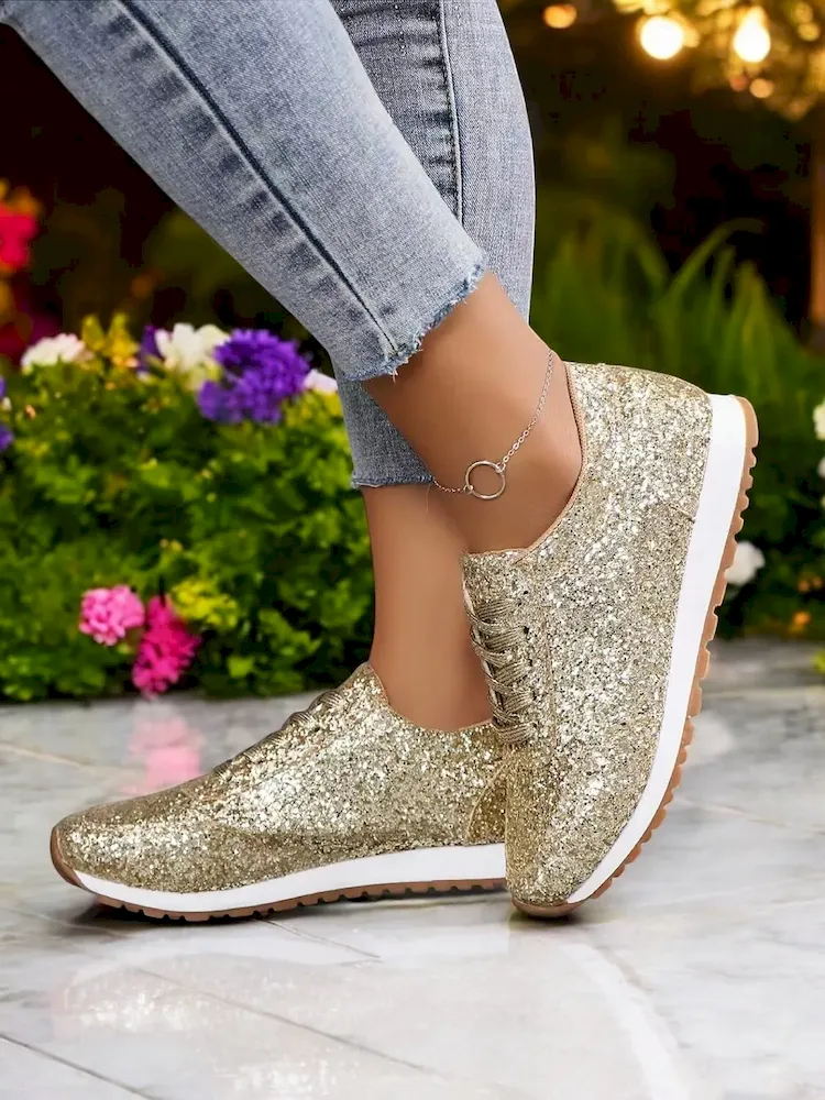 Women's Gold Glitter Lace-Up Sneakers with Comfortable Sole, - Image 2