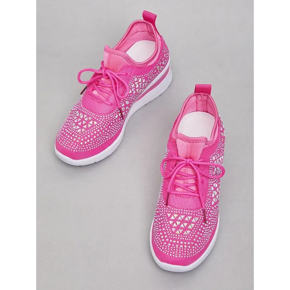 Women's Rose Pink Flyknit Wedge Sneakers with Rhinestone Detailing - Image 5