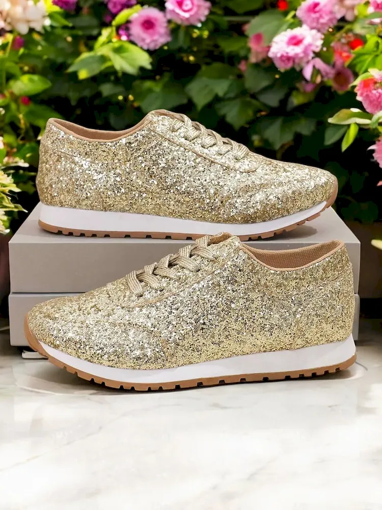 Women's Gold Glitter Lace-Up Sneakers with Comfortable Sole, - Image 3