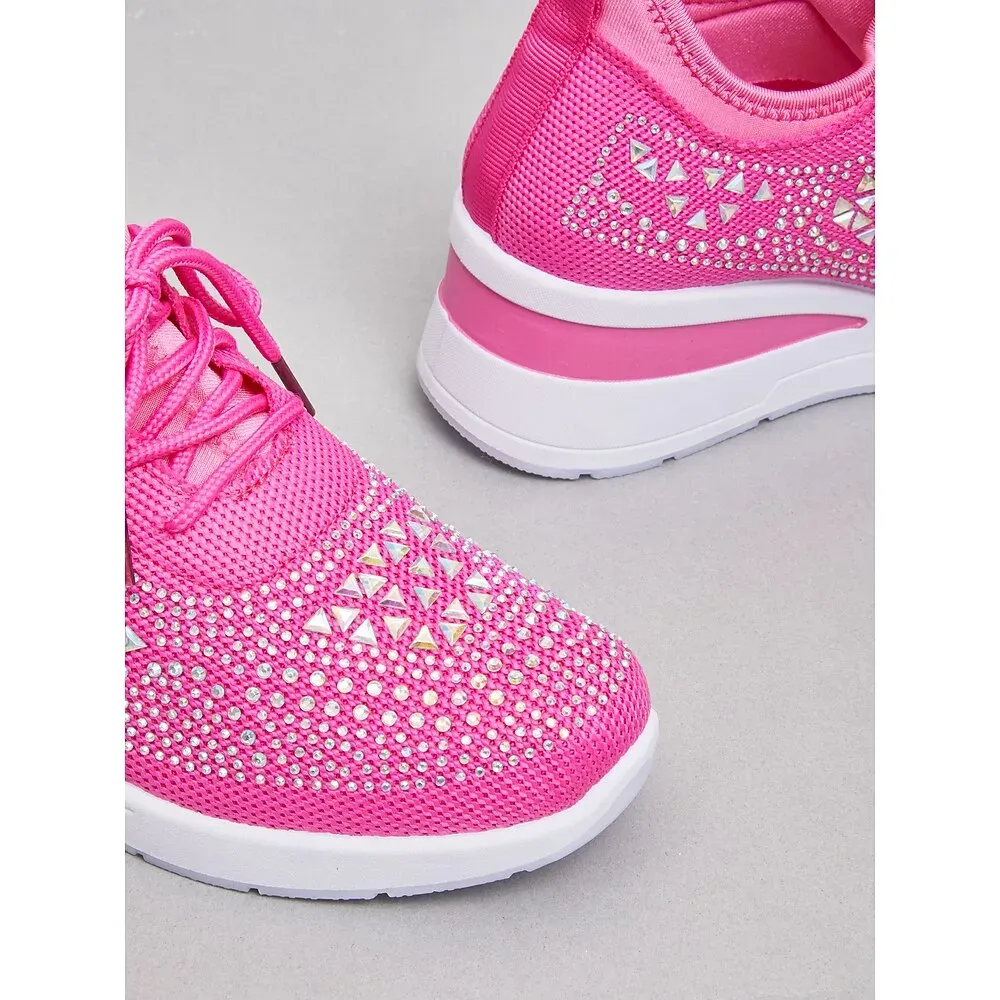 Women's Rose Pink Flyknit Wedge Sneakers with Rhinestone Detailing - Image 6