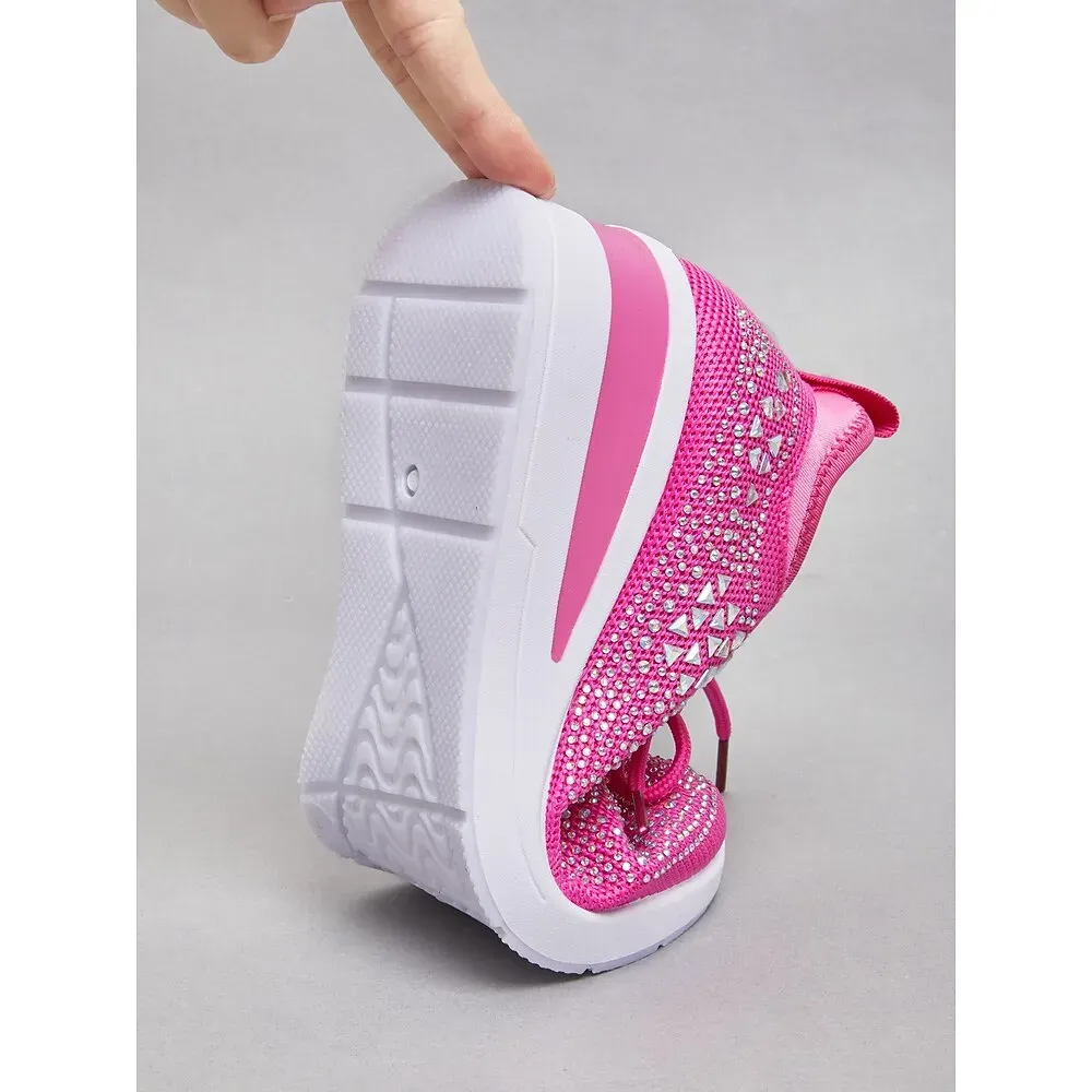 Women's Rose Pink Flyknit Wedge Sneakers with Rhinestone Detailing - Image 7