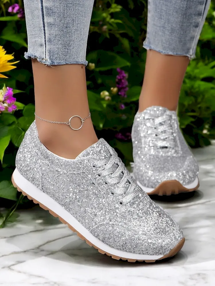 Women's Gold Glitter Lace-Up Sneakers with Comfortable Sole, - Image 4