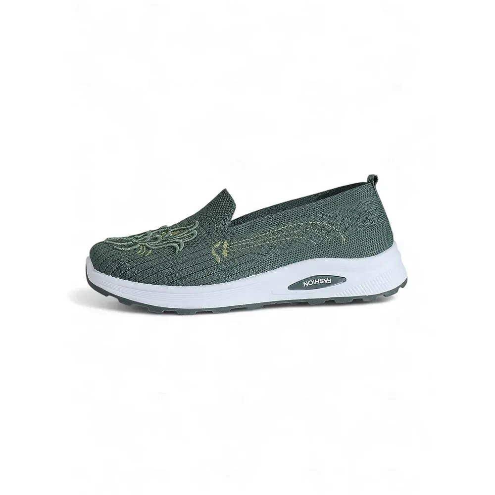 Women's Green Flyknit Slip-On Walking Shoes with Embroidery - Image 3
