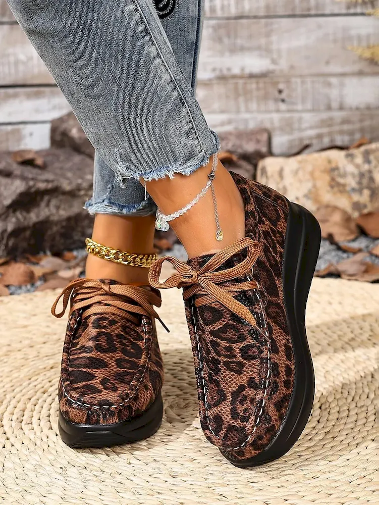 Leopard Print Faux Leather Platform Sneakers for Women - Image 6
