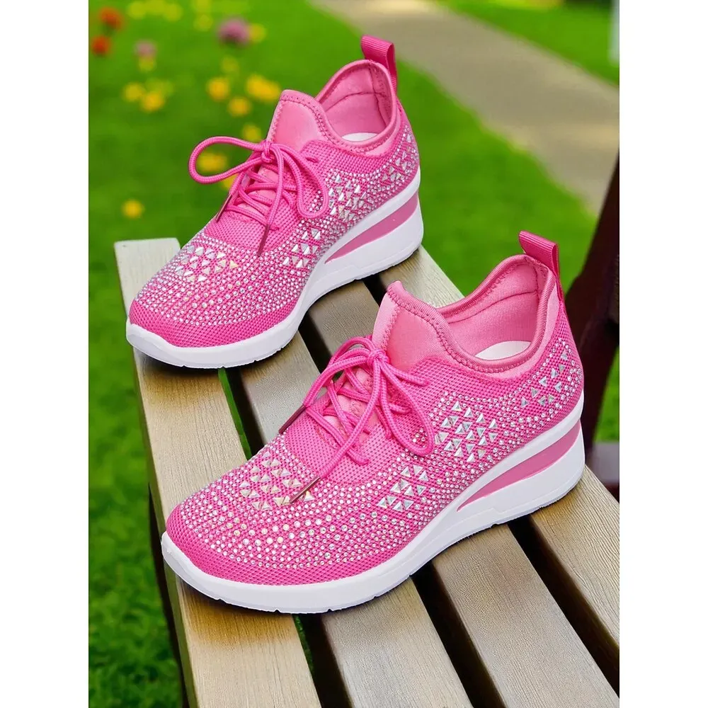 Women's Rose Pink Flyknit Wedge Sneakers with Rhinestone Detailing - Image 2