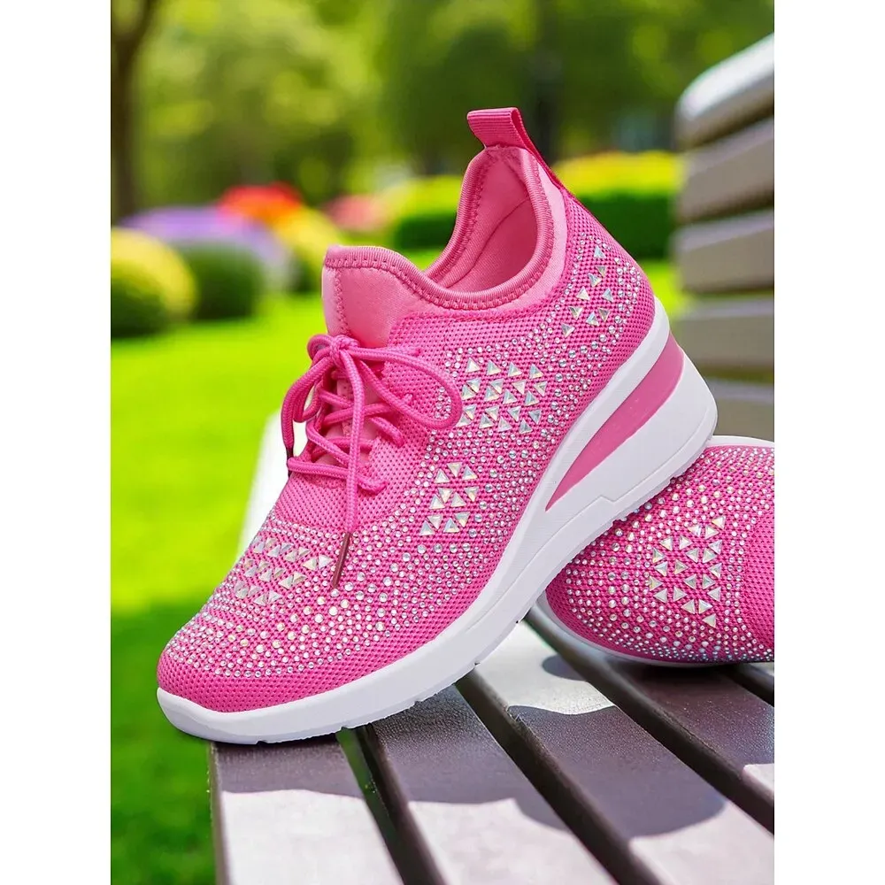 Women's Rose Pink Flyknit Wedge Sneakers with Rhinestone Detailing - Image 3
