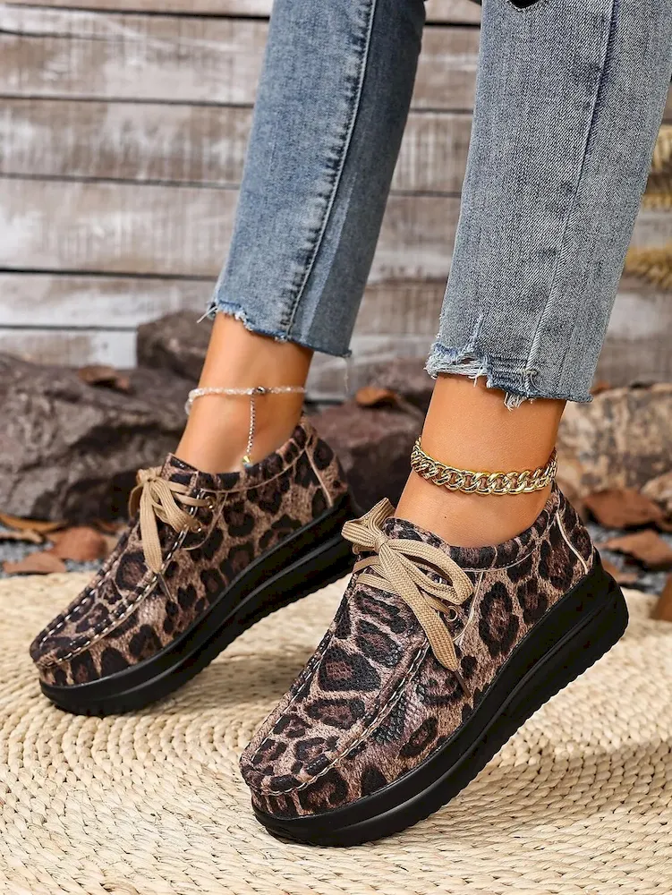 Leopard Print Faux Leather Platform Sneakers for Women