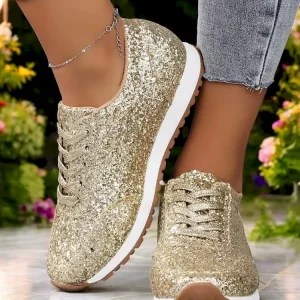 Women's Gold Glitter Lace-Up Sneakers with Comfortable Sole,