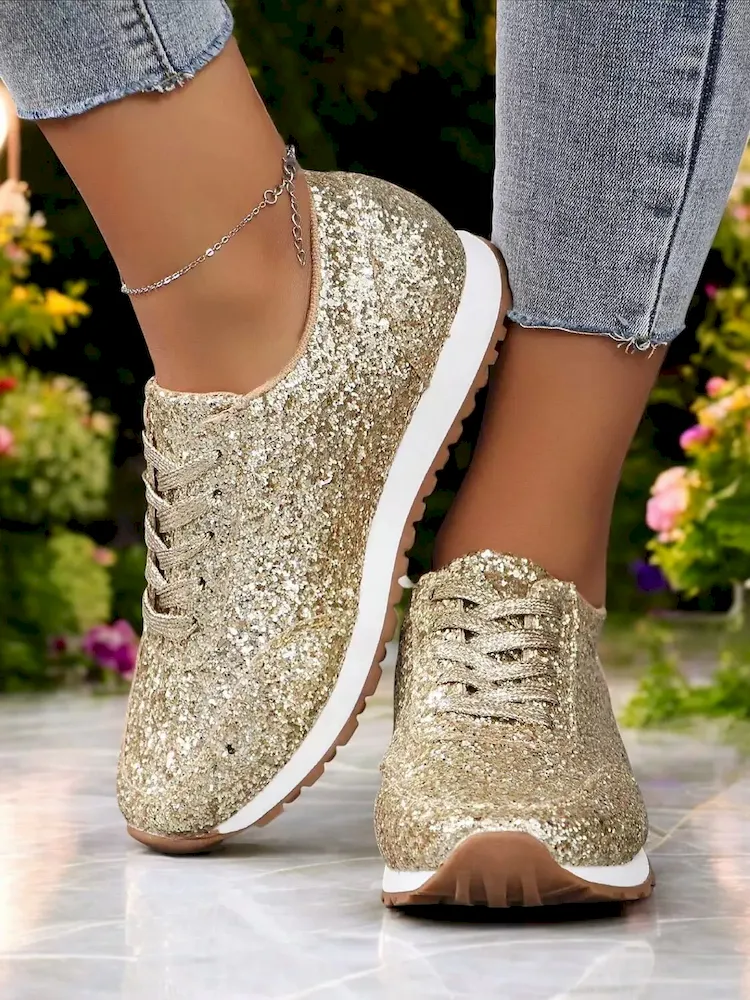 Women's Gold Glitter Lace-Up Sneakers with Comfortable Sole,